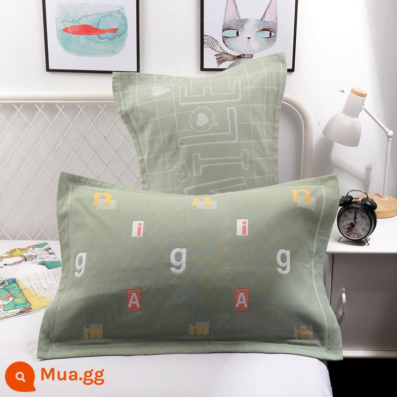 Cặp vỏ gối cotton nguyên chất gạc dày vỏ gối đơn 100% cotton dành cho người lớn áo gối đôi - Chữ G xanh (cặp)