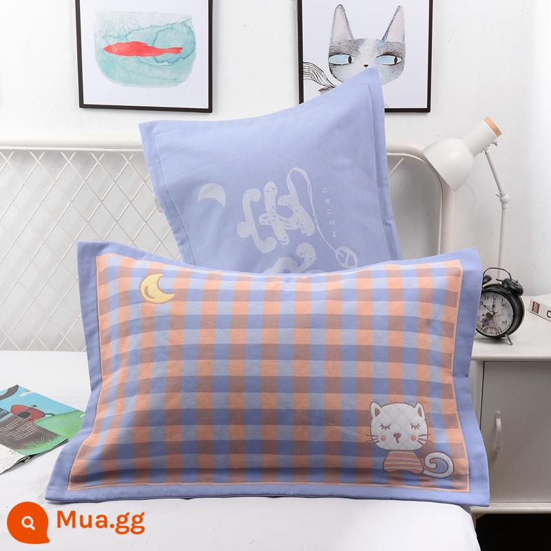 Vỏ gối bằng gạc bông nguyên chất một cặp vỏ gối bằng cotton dày và to đầy đủ Vỏ gối cho người lớn thấm mồ hôi và thoáng khí - Moon Cat Xanh Nhạt (cặp)