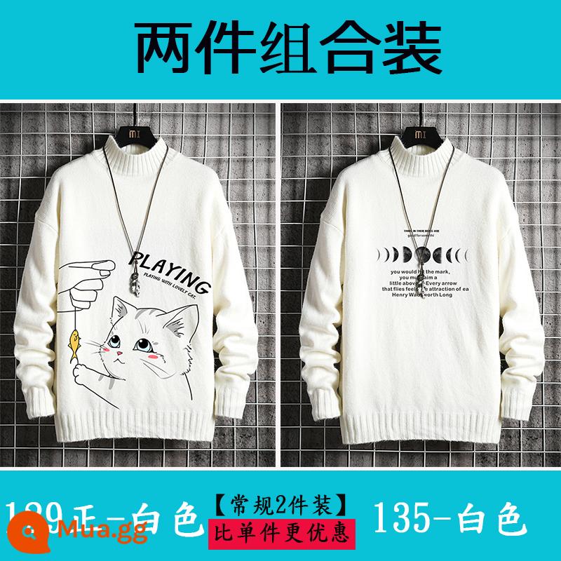 Nam nửa áo len cao cổ Plus nhung dày quần áo mùa đông học sinh size lớn áo len cashmere ấm áp áo len nam mùa thu đông - 129 trắng tinh khiết + 135 trắng