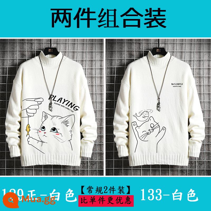 Nam nửa áo len cao cổ Plus nhung dày quần áo mùa đông học sinh size lớn áo len cashmere ấm áp áo len nam mùa thu đông - 129 trắng tinh khiết + 133 trắng