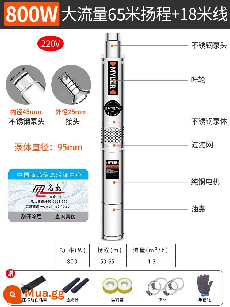 Máy bơm giếng sâu bằng thép không gỉ máy bơm chìm 220v380v máy bơm nước nâng cao lưu lượng lớn hộ gia đình máy bơm nước sâu máy bơm nước - [Độ nâng cao] Toàn bộ bằng thép không gỉ 800W