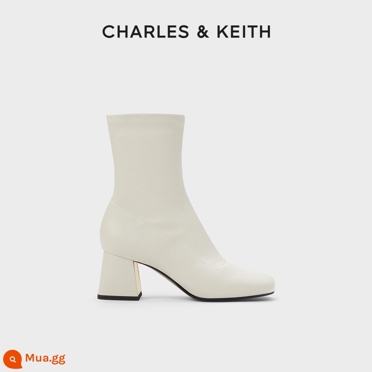 Giày Bốt Nữ CHARLES&KEITH Thu Đông CK1-90580175 Giày Bốt Mũi Vuông Dày Gót Dây Kéo Co Giãn Ôm Giày Bốt Dành Cho Nữ - Phấn hồng và phấn trắng