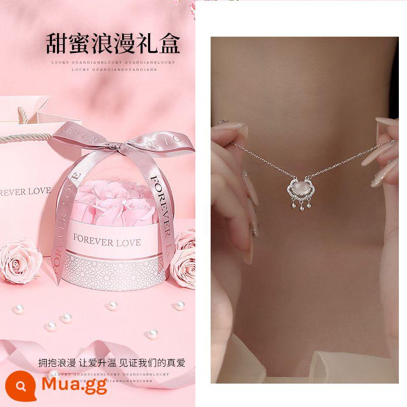 S999 sterling silver wishful khóa an toàn vòng cổ ánh sáng sang trọng niche trắng chalcedony tuổi thọ khóa cho bạn gái món quà sinh nhật cô gái - [Bạc S925] Vòng cổ khóa hòa bình★Hộp quà hoa hồng