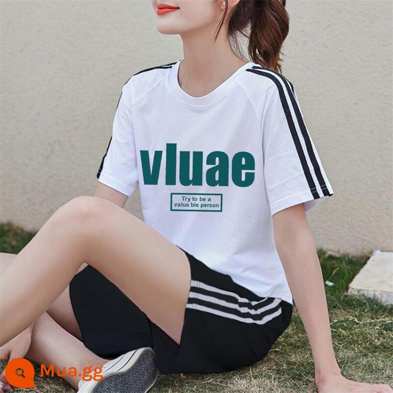 Áo thun ngắn tay + quần short cotton nguyên chất giản dị Bộ đồ thể thao nữ mùa hè 2022 bộ đồ hai mảnh thời trang mới hợp thời trang - Bộ đồ trắng đen XY536