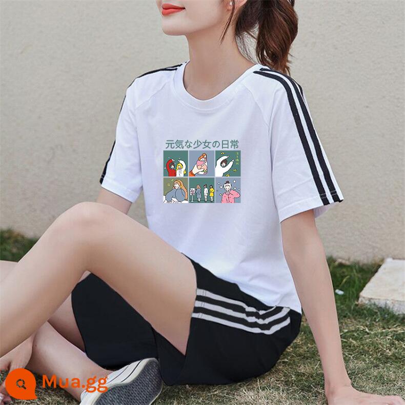 Áo thun ngắn tay + quần short cotton nguyên chất giản dị Bộ đồ thể thao nữ mùa hè 2022 bộ đồ hai mảnh thời trang mới hợp thời trang - Bộ đồ trắng đen XY469