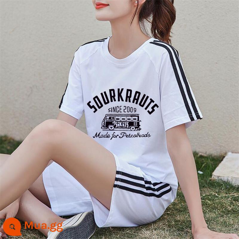 Áo thun ngắn tay + quần short cotton nguyên chất giản dị Bộ đồ thể thao nữ mùa hè 2022 bộ đồ hai mảnh thời trang mới hợp thời trang - Bộ vest trắng XY534