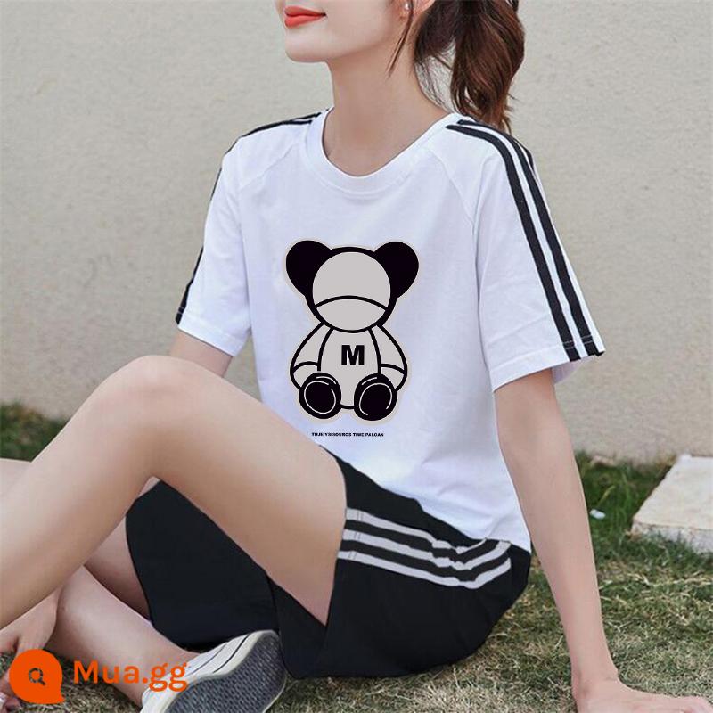 Áo thun ngắn tay + quần short cotton nguyên chất giản dị Bộ đồ thể thao nữ mùa hè 2022 bộ đồ hai mảnh thời trang mới hợp thời trang - Bộ đồ trắng đen XY535