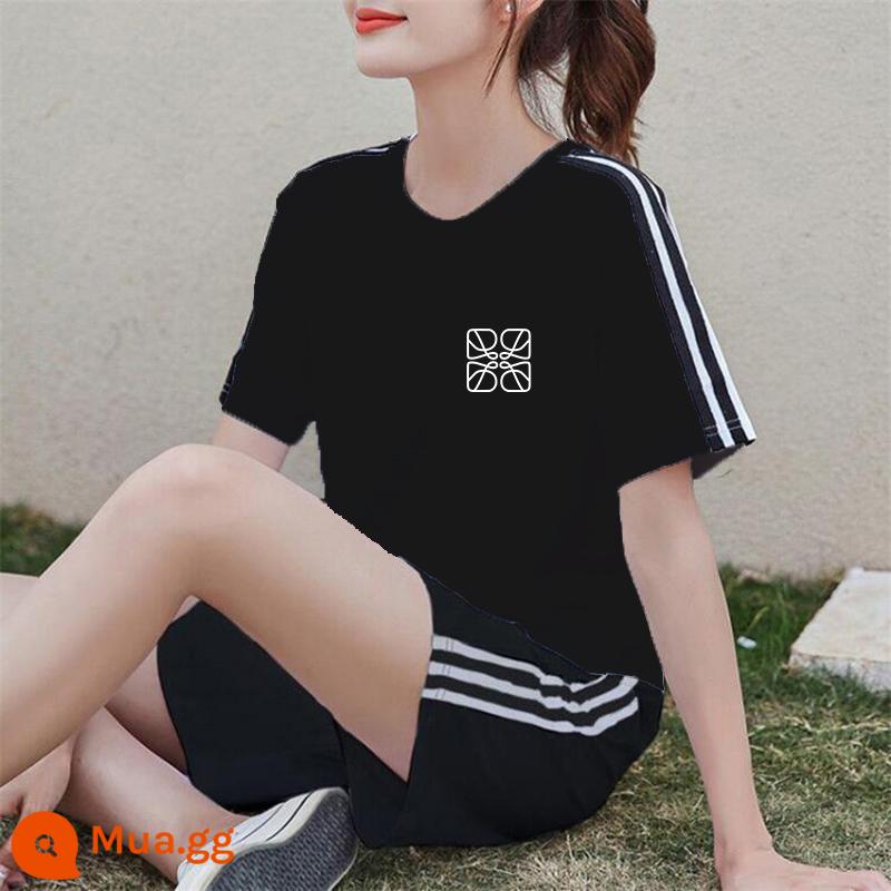 Áo thun ngắn tay + quần short cotton nguyên chất giản dị Bộ đồ thể thao nữ mùa hè 2022 bộ đồ hai mảnh thời trang mới hợp thời trang - Bộ đồ đen XY544