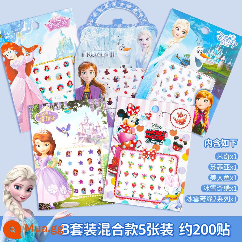 Disney Dán Móng Tay Trẻ Em Không Độc Hại Và Không Mùi Cô Gái Frozen Elsa Công Chúa Dán Móng Tay Cho Bé - B set 5 món phong cách hỗn hợp (miếng dán móng tay + hạt tai)