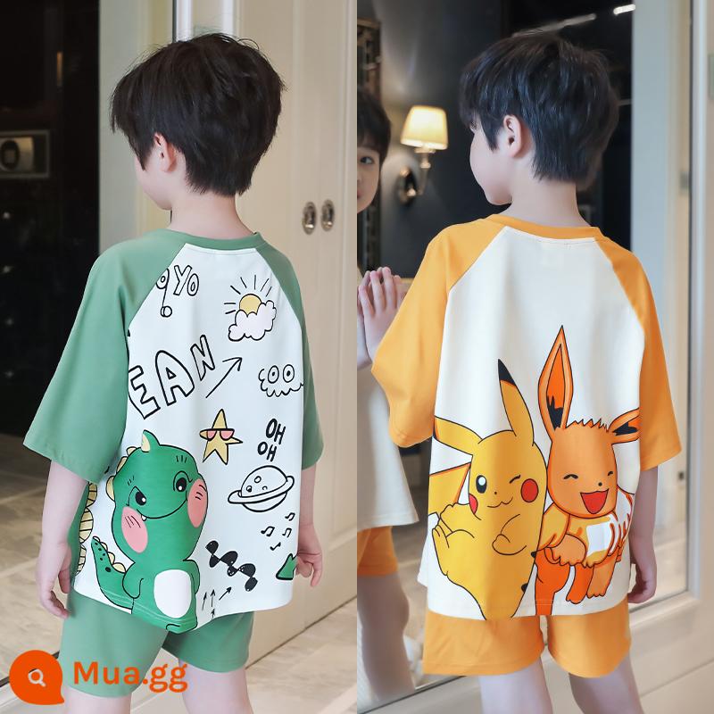 Cotton Trẻ Em Bộ Đồ Ngủ Bé Trai Mùa Hè Phần Mỏng Hoạt Hình Cậu Bé Khủng Long Tay Ngắn Cho Bé Phục Vụ Tại Nhà 2 Bộ Đồ - Khủng long con + Pikachu [hai bộ]