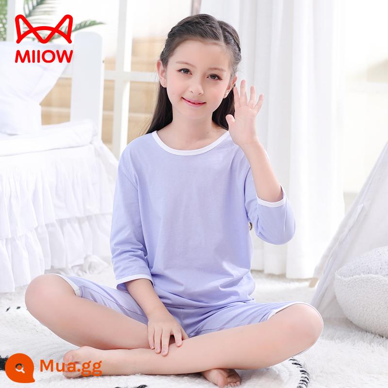 Mèo Người Đồ Ngủ Trẻ Em Bé Trai Mùa Hè Phần Mỏng Ngắn Tay Cotton Nguyên Chất Lớn Điều Hòa Quần Áo Ở Nhà Bộ Quần Áo Cotton - tím nhạt[cô gái]