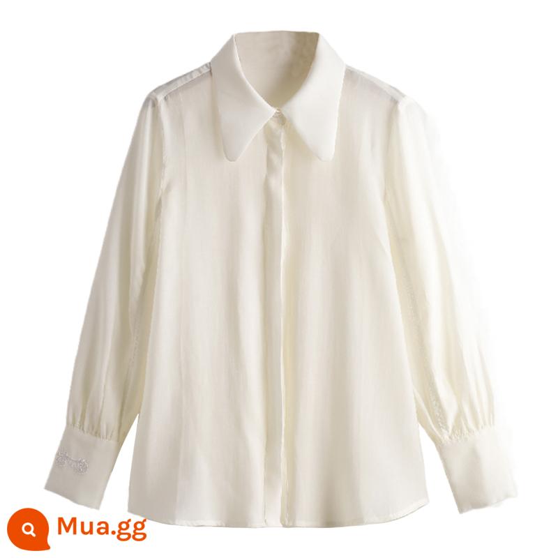 Xihuge cũ [Chu] 23 còng quần áo mùa xuân cá tính thêu bất đối xứng 85% áo sơ mi tencel CL361 - Màu trắng nhạt (hoa văn màu trắng trên cổ tay áo)