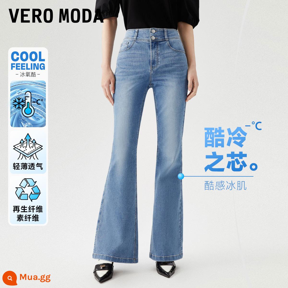 Quần jean Vero Moda 2023 đầu mùa xuân mới phong cách cổ điển eo cao màu đen quần ống loe ôm vừa vặn cho nữ▲ - Vải mát mẻ nâng cấp denim J3B màu xanh