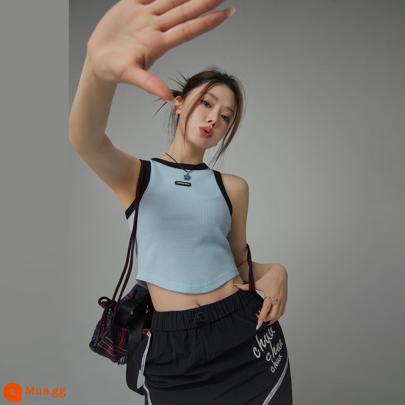 CHUU hot girl vest nhỏ nữ xuân hè 2023 sản phẩm mới phần ngắn phối màu dáng ôm vừa vặn sang trọng dây treo hình chữ I - baby blue 2 phiên bản màu tương phản