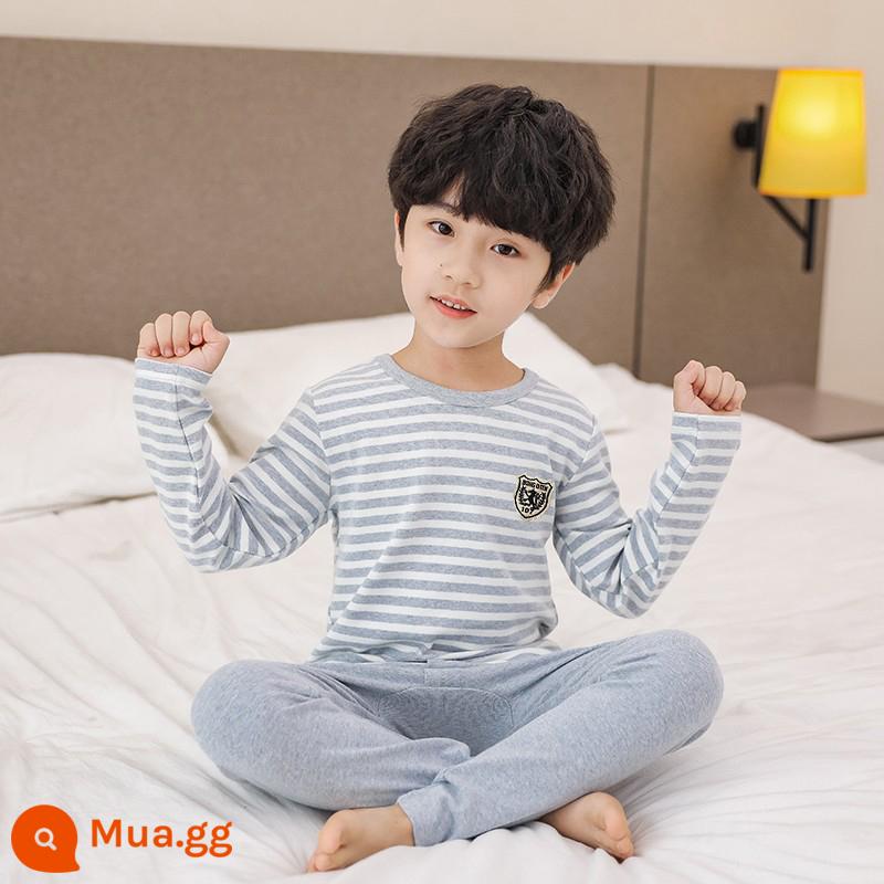 Bộ đồ lót trẻ em cotton nguyên chất bé trai quần áo mùa thu quần vệ sinh cotton bé áo len cotton đồ ngủ quần áo mặc ở nhà mùa xuân thu phần mỏng - Dải màu xanh và xám [Phong cách cotton nguyên chất loại A]