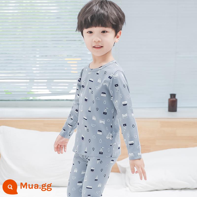 Bộ đồ lót trẻ em cotton nguyên chất bé trai quần áo mùa thu quần vệ sinh cotton bé áo len cotton đồ ngủ quần áo mặc ở nhà mùa xuân thu phần mỏng - Nhà Sôcôla Xám Xanh [Bông Nguyên Chất Loại A]