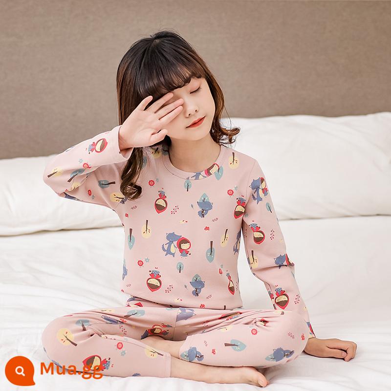 Bộ đồ lót trẻ em cotton nguyên chất bé trai quần áo mùa thu quần vệ sinh cotton bé áo len cotton đồ ngủ quần áo mặc ở nhà mùa xuân thu phần mỏng - Cô bé quàng khăn đỏ màu hồng [Bông nguyên chất loại A dày]