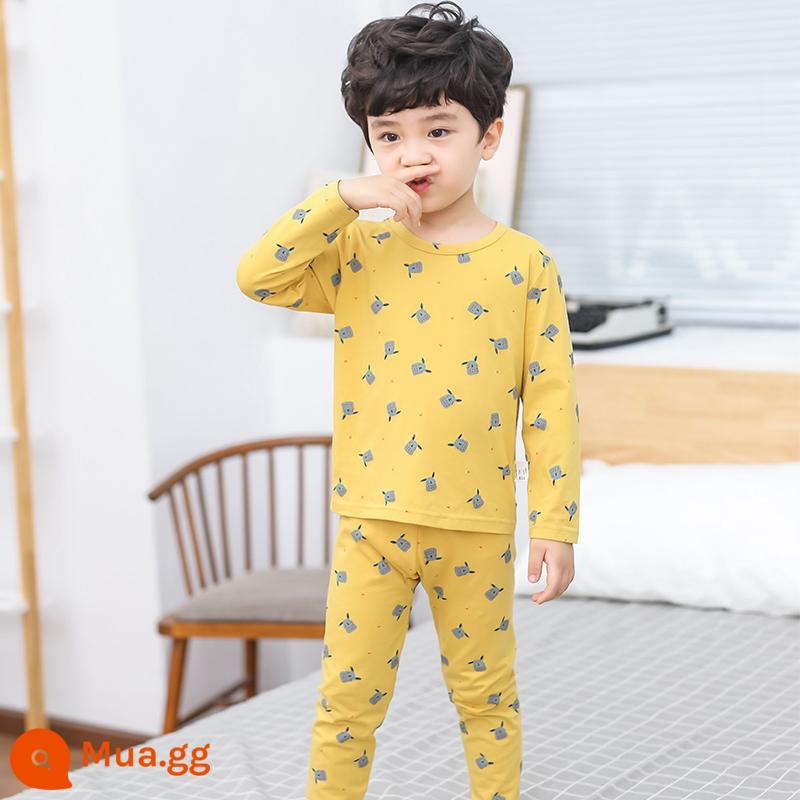 Bộ đồ lót trẻ em cotton nguyên chất bé trai quần áo mùa thu quần vệ sinh cotton bé áo len cotton đồ ngủ quần áo mặc ở nhà mùa xuân thu phần mỏng - Thỏ Thông Vàng Hạnh Phúc [Bông Nguyên Chất Loại A]