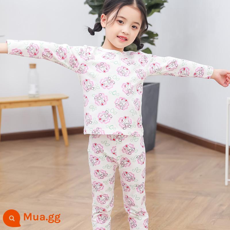 Bộ đồ lót trẻ em cotton nguyên chất bé trai quần áo mùa thu quần vệ sinh cotton bé áo len cotton đồ ngủ quần áo mặc ở nhà mùa xuân thu phần mỏng - Thỏ hoa trắng nguyên bản [Bông nguyên chất loại A]