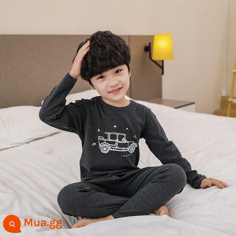 Bộ đồ lót trẻ em cotton nguyên chất bé trai quần áo mùa thu quần vệ sinh cotton bé áo len cotton đồ ngủ quần áo mặc ở nhà mùa xuân thu phần mỏng - Xe hoạt hình màu xám đậm [Mẫu dày bằng cotton nguyên chất loại A]