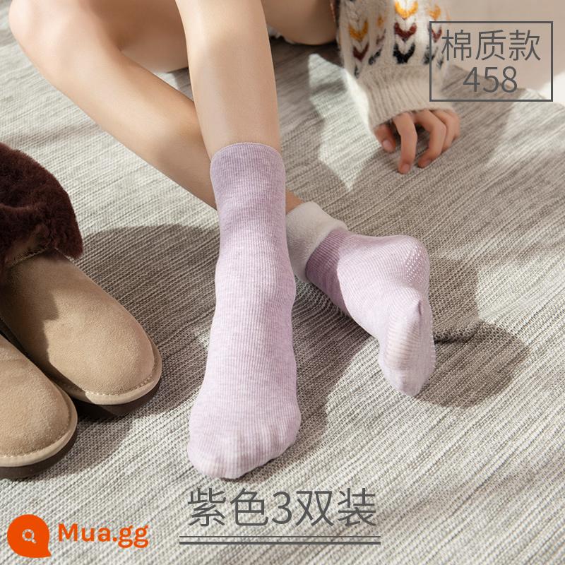 Tuyết Tất Thu Đông Ngắn Giữa Ống Cotton Plus Nhung Dày Ấm Chống Trơn Trượt Nam Nữ Mùa Đông tầng Ngủ Giam Tất - Kiểu cotton-Tím 3 đôi