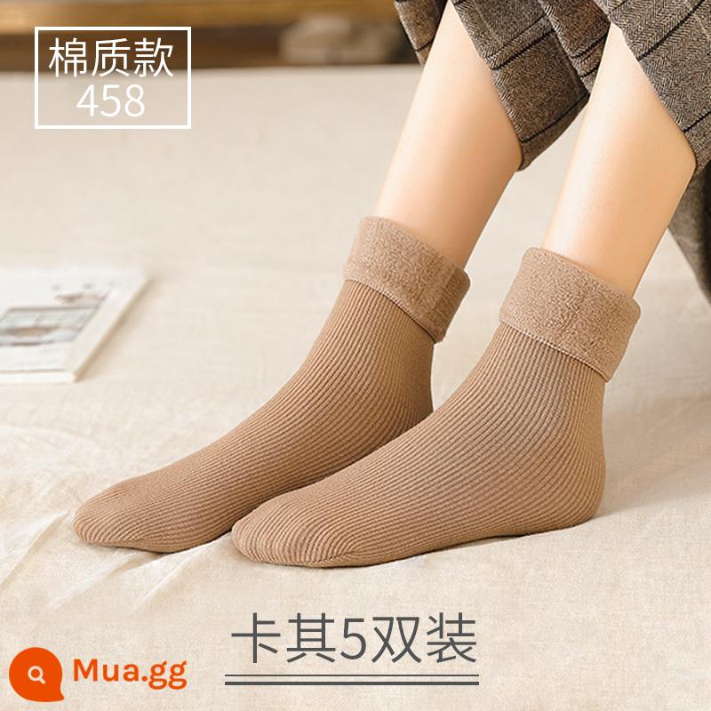 Tuyết Tất Thu Đông Ngắn Giữa Ống Cotton Plus Nhung Dày Ấm Chống Trơn Trượt Nam Nữ Mùa Đông tầng Ngủ Giam Tất - Kiểu cotton-kaki 5 đôi