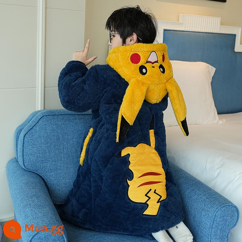 Pikachu Bộ Đồ Ngủ Bé Trai Mùa Đông Ấm Nỉ San Hô 3 Lớp Chần Bông Dày Bé Dép Nỉ Phục Vụ Tại Nhà Phù Hợp Với - [Áo chần bông + quần ba lớp] LDE10225