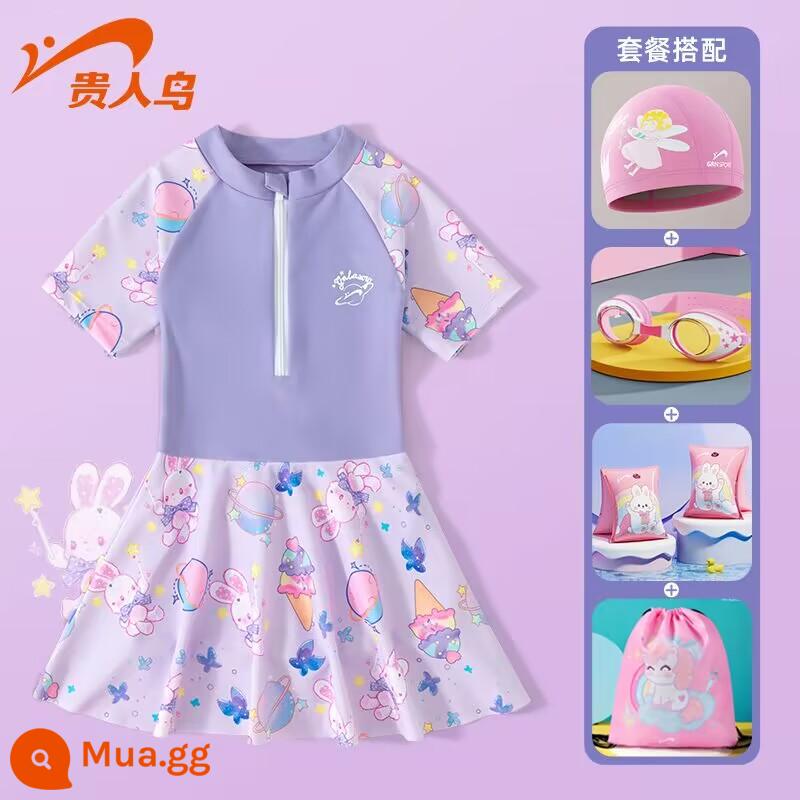 Áo tắm trẻ em Noble Bird 2023 New Girls Summer Big Boy Girl Baby Bơi một mảnh Kem chống nắng Suối nước nóng - Bộ 5 món Thỏ Hành tinh Tím Vine [Áo tắm + Mũ bơi + Kính bơi HD + Vòng tay + Túi đựng]