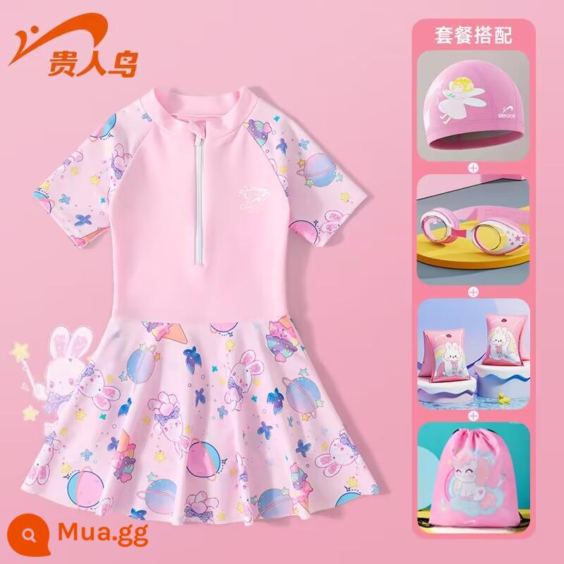 Áo tắm trẻ em Noble Bird 2023 New Girls Summer Big Boy Girl Baby Bơi một mảnh Kem chống nắng Suối nước nóng - Bộ năm món Thỏ hành tinh hồng Lotus [Áo tắm + Mũ bơi + Kính bơi HD + Vòng tay + Túi bơi]