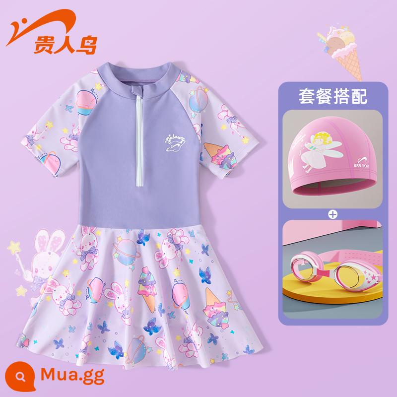 Áo tắm trẻ em Noble Bird 2023 New Girls Summer Big Boy Girl Baby Bơi một mảnh Kem chống nắng Suối nước nóng - Bộ ba mảnh thỏ hành tinh màu tím nho [áo tắm + mũ bơi + kính bơi độ phân giải cao]