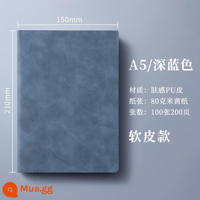 máy tính xách tay a5 có thể in tùy chỉnh LOGO khóa dày máy tính xách tay văn phòng kinh doanh có khắc nhật ký da đơn giản và tinh tế b5 sổ ghi chép cuộc họp lớn sổ làm việc da mềm notepad hộp quà tặng - A5 xanh đậm-200 trang (không khuy + bìa mềm)