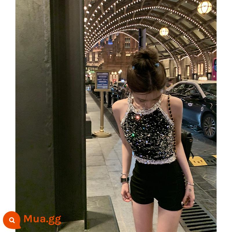 Miss titi [Bright Galaxy] Công nghiệp nặng đính sequin cao cấp gợi cảm cổ treo dây nhỏ áo vest nữ có mùi thơm - đen