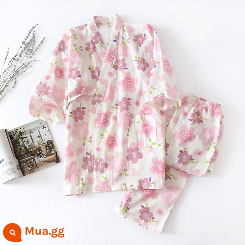 Nhật Bản tươi Kimono Pyjamas Nữ Mùa xuân và Autumn Air -Chiped Seven -Point Sleeve Cotton Garenze Beauty Home Sweat - Hoa anh đào lớn trên nền trắng