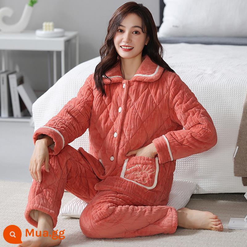 Pyjamas Winter's Winter Warm Fhamine ba -layer Cotton dày đặc và áo khoác Cotton Cotton Coral Velvet House Set - GZ182310