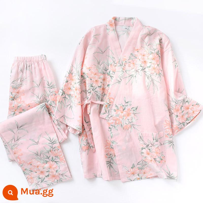 Nhật Bản tươi Kimono Pyjamas Nữ Mùa xuân và Autumn Air -Chiped Seven -Point Sleeve Cotton Garenze Beauty Home Sweat - Màu hồng sa mạc kimono màu hồng