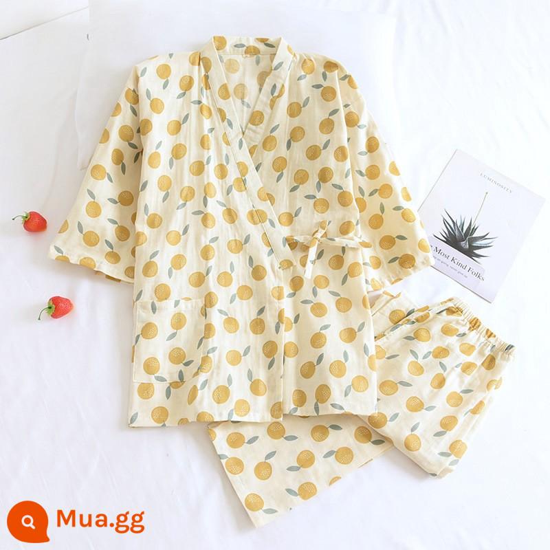 Nhật Bản tươi Kimono Pyjamas Nữ Mùa xuân và Autumn Air -Chiped Seven -Point Sleeve Cotton Garenze Beauty Home Sweat - Bộ kimono gạc màu vàng cam