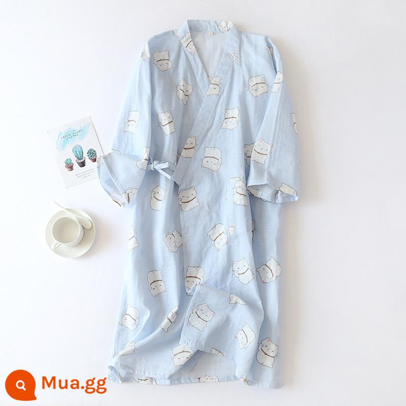 Nhật Bản tươi Kimono Pyjamas Nữ Mùa xuân và Autumn Air -Chiped Seven -Point Sleeve Cotton Garenze Beauty Home Sweat - Áo choàng kimono gạc màu xanh mèo may mắn