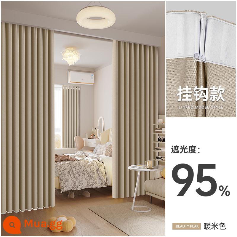 Pháp Kem Gió Màn Full Mất Điện 2022 Mới Phòng Ngủ Cao Cấp Phòng Khách Dày Cotton Linen Bay Cửa Sổ Loại móc - Phong cách móc màu be ấm áp