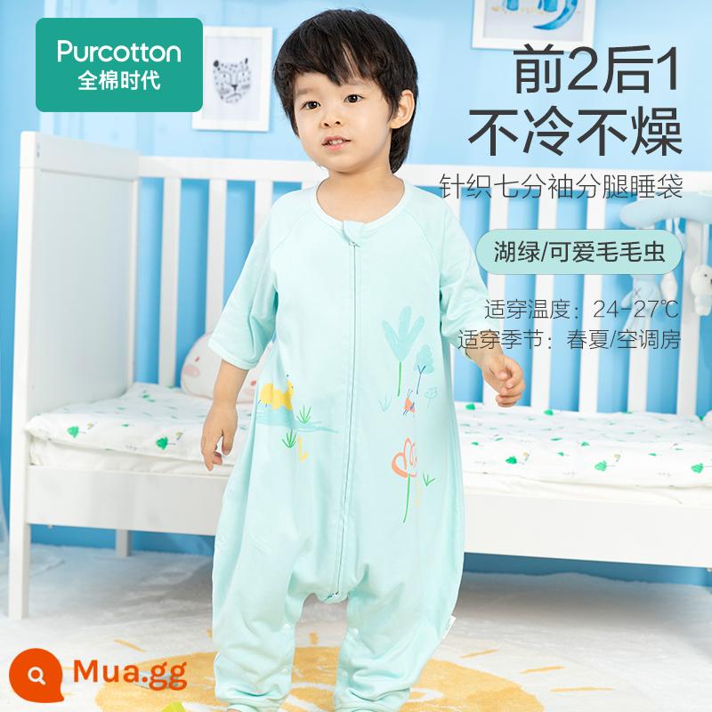 Thời đại cotton mùa xuân và mùa thu cho bé túi ngủ dệt kim chia chân thoáng khí cho bé túi ngủ chăn chống đá - hồ xanh