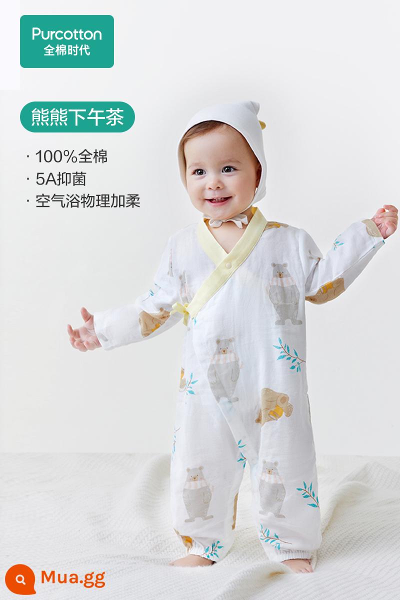 Áo liền quần gạc kháng khuẩn cho bé Cotton Age - Trà Chiều Gấu [Phong cách tay dài] [Tất cả các màu không có mũ]