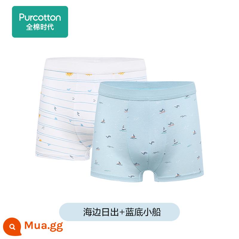 Cotton Thời Đại Quần Lót Boxer Bé Trai Quần Lót Trẻ Em Nam Cotton Cho Bé Boxer Nam Mới 2 Gói - [Góc phẳng dành cho nam] Bình minh bên bờ biển + thuyền đáy xanh