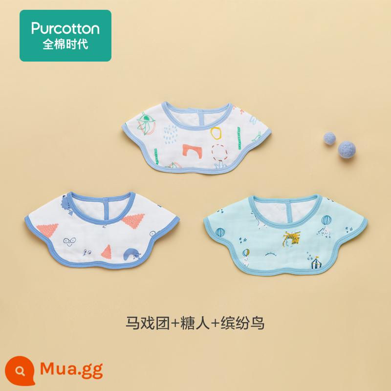 Túi đựng nước dãi cho bé thời kỳ hoàn toàn bằng cotton, khăn ăn gạc hình cánh hoa, khăn ăn thấm nước dãi, yếm nhổ 3 gói - Xiếc + Người Kẹo + Chim Sắc Màu 6 lớp gạc