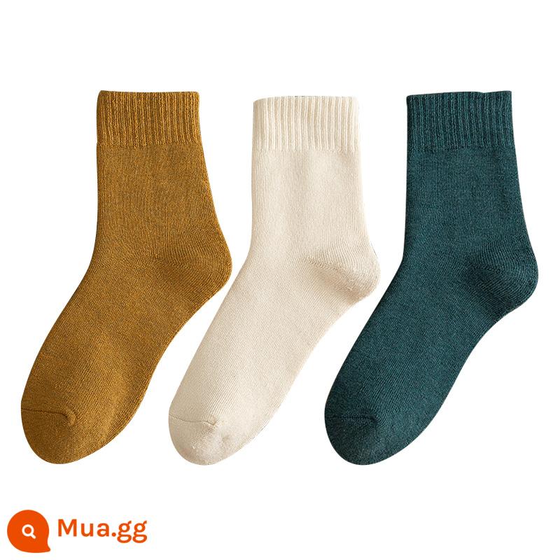 Vớ nữ ống giữa mùa thu và mùa đông cotton nguyên chất ins hợp thời trang ống dài màu đen nam mùa đông dày cộng với nhung ấm áp vớ - 3 cặp: nghệ + kaki + xanh đậm