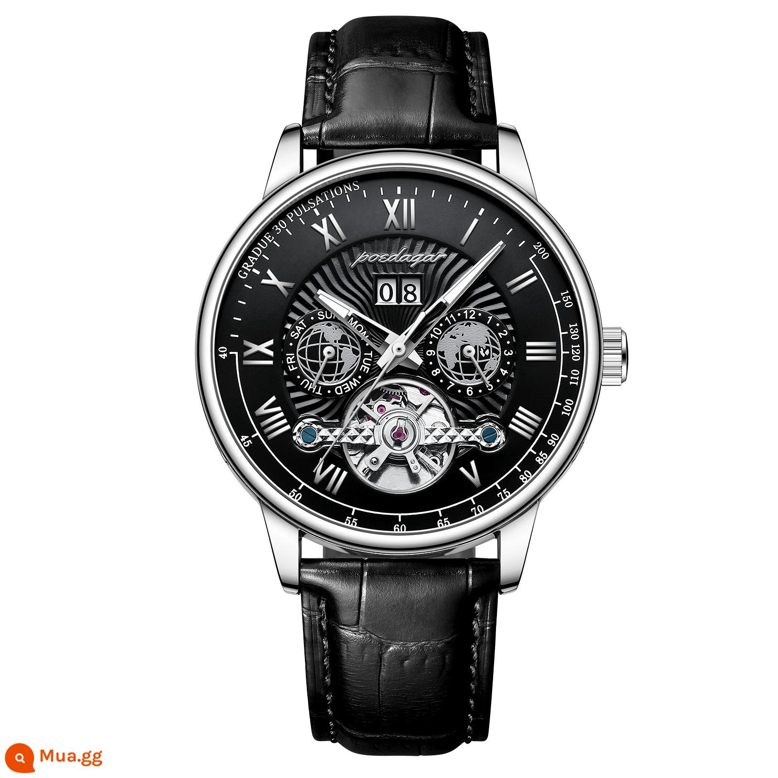 Đồng hồ nam mới chính hãng hoàn toàn tự động tourbillon cơ khí giải trí chống thấm nước dạ quang đa chức năng đồng hồ nam - Mẫu vỏ bạc và đai đen C1409 (sưu tầm mua làm quà)