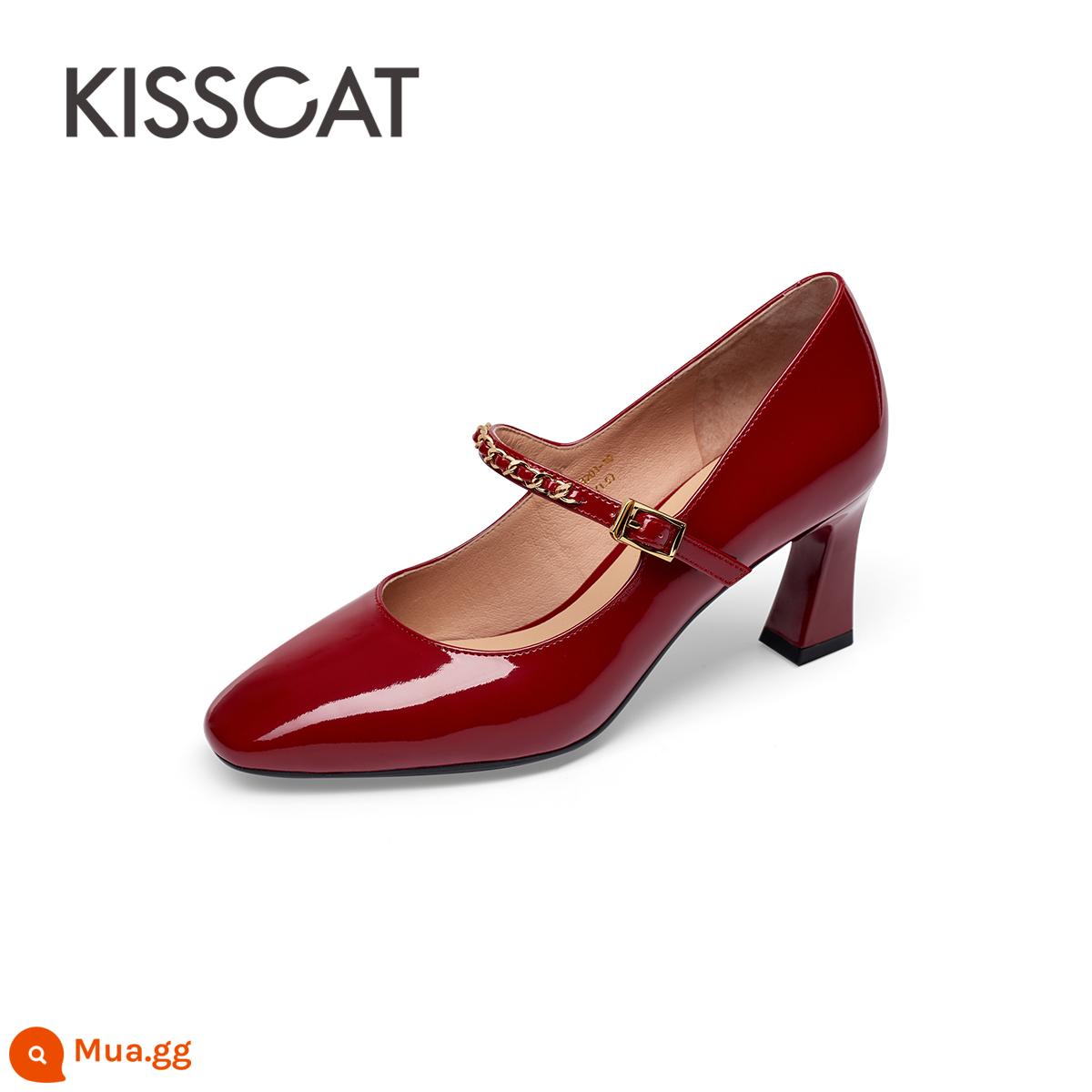 Kissing Cat Mùa Xuân 2023 Mới Retro Giày Cao Gót Chuỗi Mary Jane Đơn Giản Và Dễ Thương Đầu Vuông Gót Dày Giày Đơn Nữ - mực đỏ