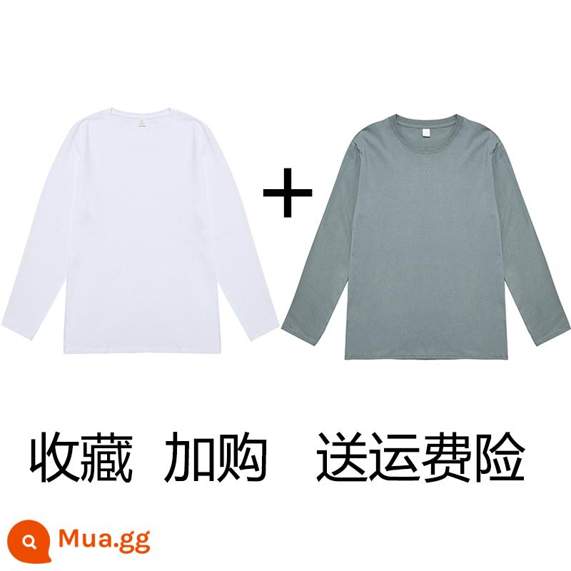 (Mua một tặng một) Áo phông dài tay cotton nguyên chất nặng 200g Tân Cương Áo thun có đáy cotton trơn màu rộng rãi cho nam và nữ - Trắng + xanh rêu