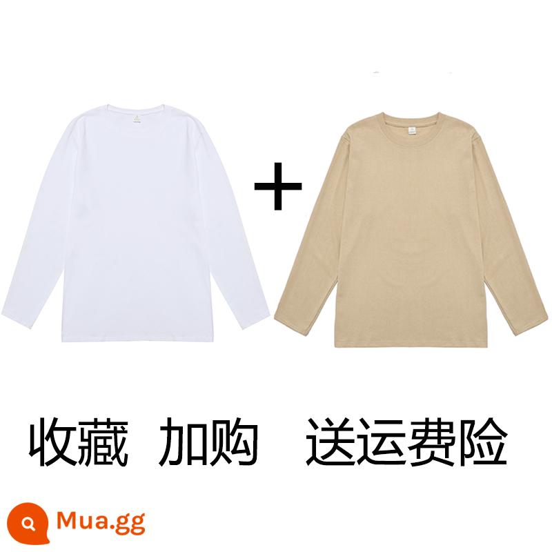 (Mua một tặng một) Áo phông dài tay cotton nguyên chất nặng 200g Tân Cương Áo thun có đáy cotton trơn màu rộng rãi cho nam và nữ - trắng + kaki