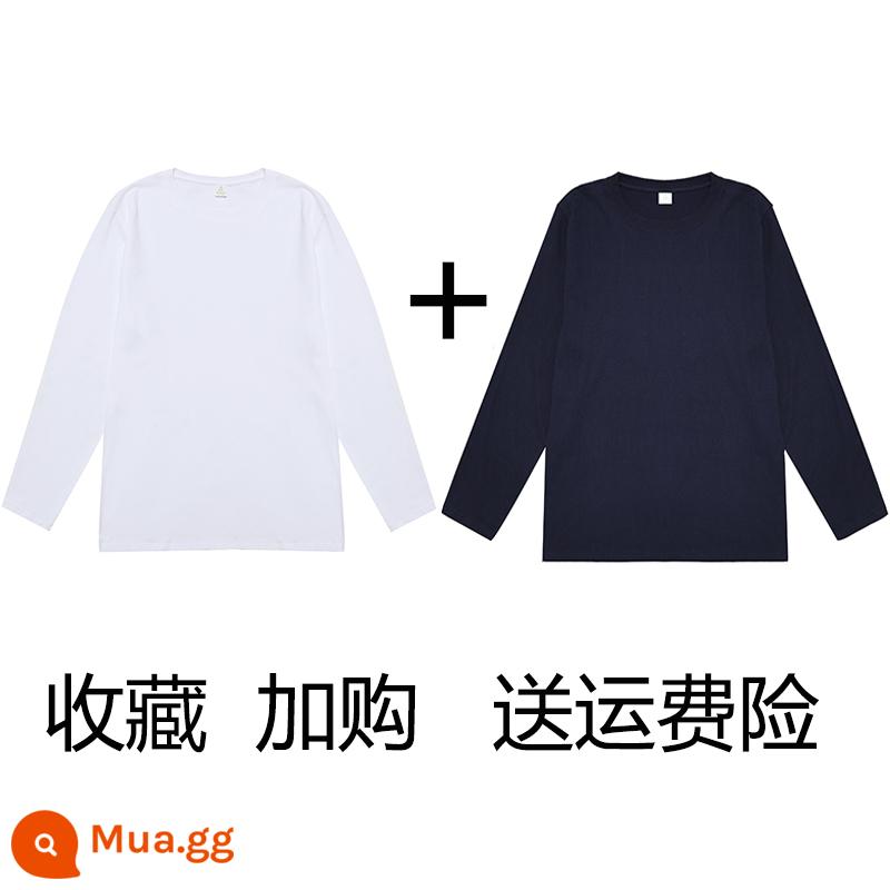 (Mua một tặng một) Áo phông dài tay cotton nguyên chất nặng 200g Tân Cương Áo thun có đáy cotton trơn màu rộng rãi cho nam và nữ - trắng + xanh nước biển