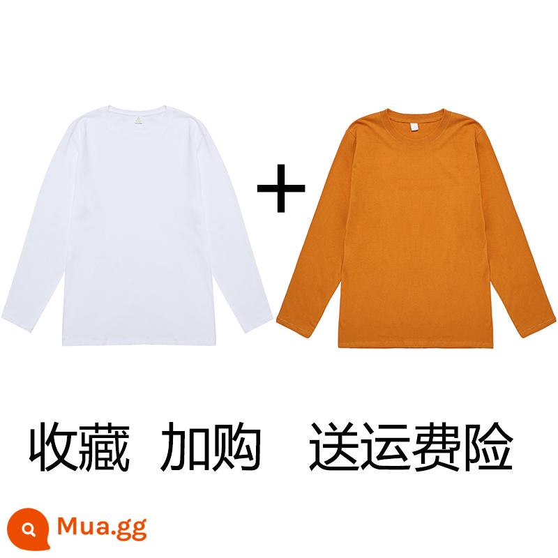 (Mua một tặng một) Áo phông dài tay cotton nguyên chất nặng 200g Tân Cương Áo thun có đáy cotton trơn màu rộng rãi cho nam và nữ - trắng + nghệ