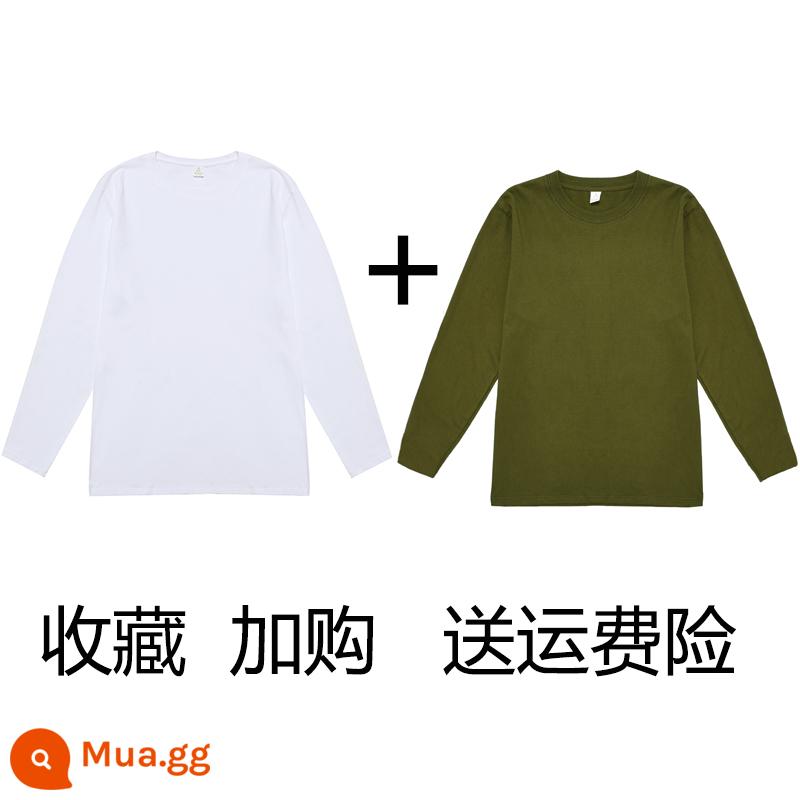 (Mua một tặng một) Áo phông dài tay cotton nguyên chất nặng 200g Tân Cương Áo thun có đáy cotton trơn màu rộng rãi cho nam và nữ - Trắng + xanh quân đội